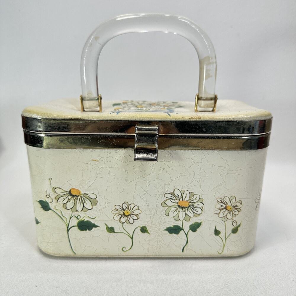 Vtg Julius Resnick JR Box Bag Handbag Purse Satchel Floral Clear Handle Daisies